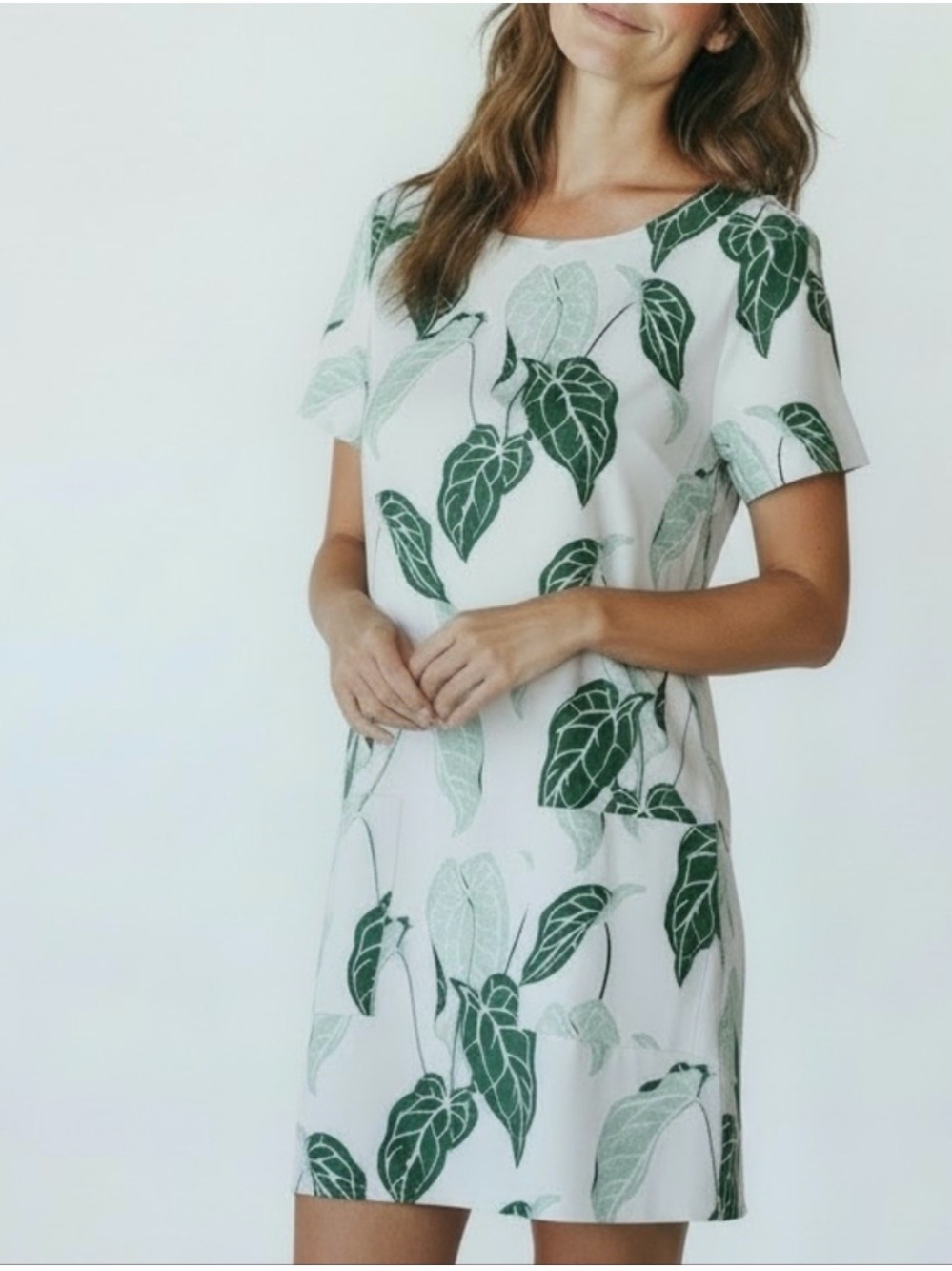 Persifor Dress Womens Medium White Green Leaf Shift Shirt Pockets Tropical READ